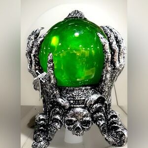 Martha Stewart Halloween Mystical Green crystal ball with Silver Skull Base